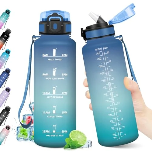 KollyKolla Sports Bottle 1.5 L, Leak-Proof, BPA-Free, Water Bottle with Time Marking & Straw, Suitable for Carbonated Drinks, Motivational Water Bottle for Fitness, School, Bike, Yoga, Camping