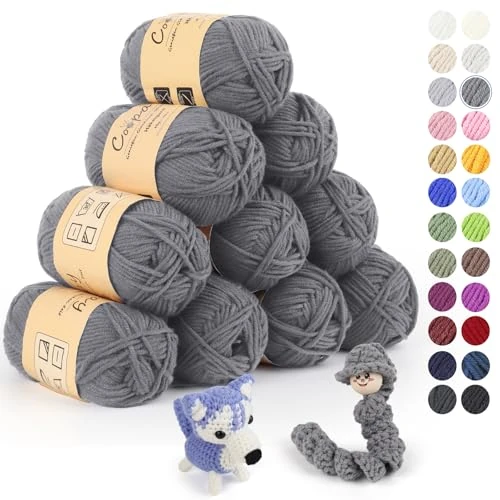 Tijdelijke aanbieding: Coopay Wol om te haken, 450 g (10 x 45 g) Zacht haakgaren, 5 kleuren wol om te breien, babywol om te haken voor beginners, super zacht haakgaren babywol voor haken en breiprojecten - Donkergrijs van 19.99 EUR naar 19.99 EUR (korting 0%)