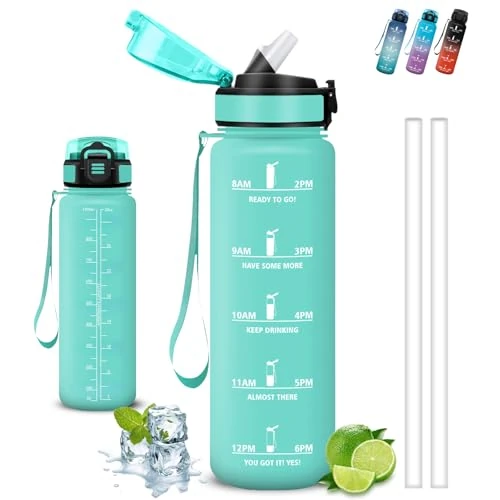 1l Waterfles, Sportfles, Waterfles Met Rietje, Lekvrij, Geschikt Voor Koolzuurhoudende Dranken, Kan Worden Meegenomen, Motiverende Drankfles, Waterfles Voor Fitness, Hiken