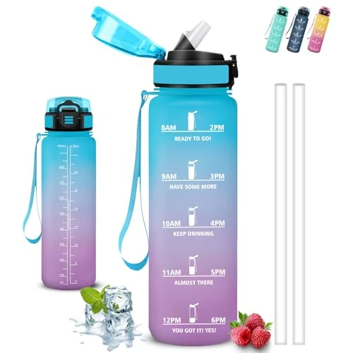 Butelka Na Wodę 1 L, Sportowa Butelka Na Wodę, Butelka ze Słomką, łatwa W Czyszczeniu, Szczelna Butelka Na Wodę, Szczelna, Butelka ze Znacznikiem Czasu, Butelka Na Wędrówki, Fitness, Jogę, Kemping