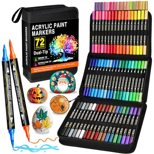 Zestaw pisaków akrylowych 72 kolory, dwustronny marker akrylowy z cienką końcówką i pędzelkiem, wodoodporny marker akrylowy do kamieni, drewna, jajek wielkanocnych
