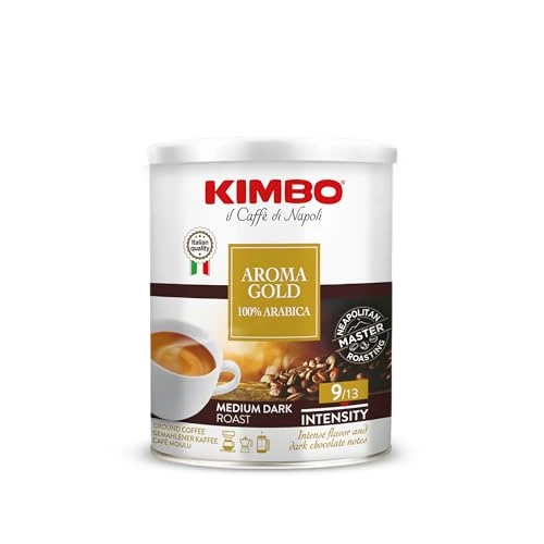 Kimbo Caffè Macinato, 250 gr, Miscela Aroma Gold 100% Arabica, Ideale per Moka, Intensità 9/13, Tostatura Medio-Scura, Premium Selection, Barattolo in Metallo