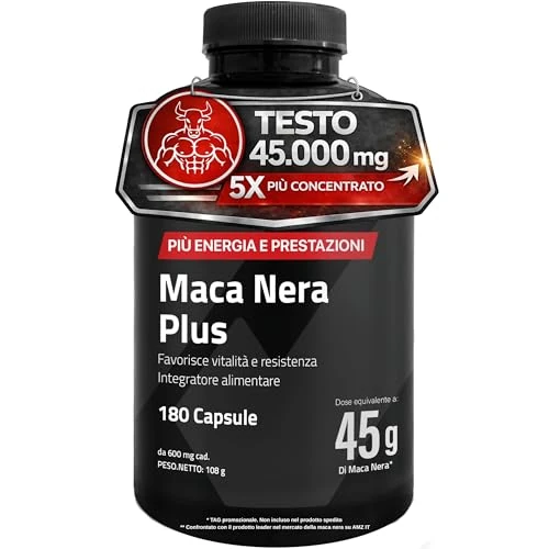 Offerta a tempo: Maca Peruviana Plus – Maca Nera 45.000 mg Equivalenti (100:1), Arginina, Taurina, Vitamina B6 – Testosterone Uomo – 180 Capsule – Vegano, Senza Glutine né Lattosio – Pre workout, Energia e Muscoli - 33% da 34.99 € a 23.49 €