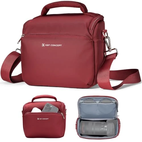 K&F CONCEPT Borsa per fotocamera, piccola borsa a tracolla singola Crossbody Custodia con cinghia regolabile compatte Borse per macchina fotografia DSLR/SLR/Mirrorless-rosso scuro