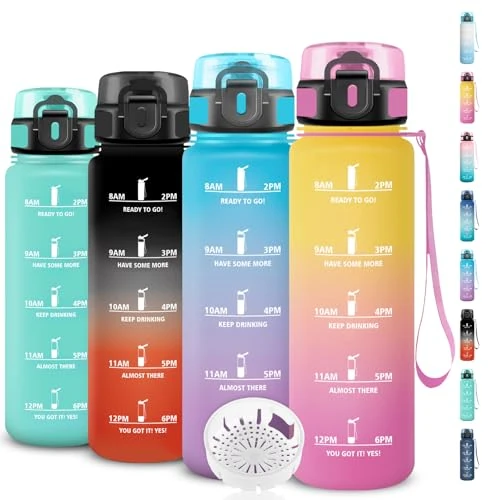 Butelka na wodę na siłownię 1 l, butelka na wodę bez wycieków, motywacyjna butelka na wodę, łatwa do przenoszenia, butelka z czasami picia, łatwa w czyszczeniu, na kemping, fitness, jogę, szkołę