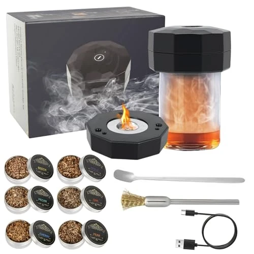 Kit Fumoir Whisky Électrique, Kit Fumoir à Cocktail Électrique avec 6 Copeaux de Bois, Coffret Fumage Whisky Rechargeable USB sans Flamme pour Whiskey, Cocktail, Boissons, Bourbon, Café (Cadeau Homme)