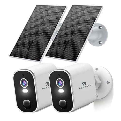 Menborn Beveiligingscamera Buiten Solar 2K, Draadloze Wifi Camera met AI-Bewegingsdetectie, Kleuren Nachtzicht, 2-Weg Audio, Spotlight, IP65 Waterd 2Pcs