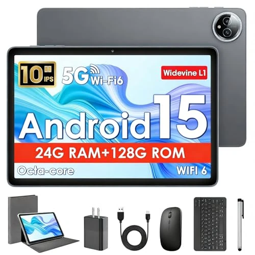 Tableta 10 Pulgadas, Tableta Android 15 con Funda, Ratón & Teclado, Octa-Core, 24GB RAM+128GB ROM+1TB Ampliable, Pantalla IPS HD 1280*800, WiFi 5G, Cámara Dual, BT5,0, 6000mAh, Widevine L1, GPS, Gris