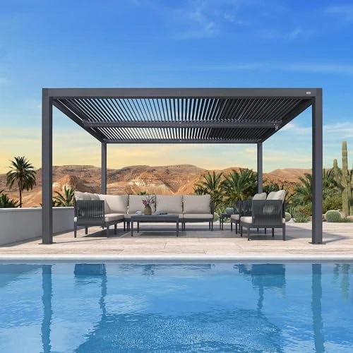 PURPLE LEAF Bioklimatische Pergola 4,24 x 3 m Pergola für den Garten, schwenkbare Klingen, Fläche 12,72 m², Pergola aus Aluminium für Terrasse, Außenbereich, Grau