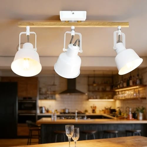 Offre limitée : Aulaiyi Plafonnier Industriel Spots et Rails de Spots, 3 Spots LED Orientable avec Douille E14, Luminaires Intérieur avec Base Rectangulaire en Bois, pour Cuisine Chambre Salon, Blanc (sans Ampoule) de 31.51 € à 29.93 € (5% de remise)