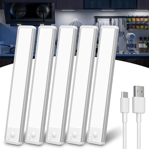 GWULC Luz LED Cocina Recargable Sensor Movimiento - 20CM Armario Luces Blanco Frío Sin Cable Bajo Lampara-5 Pack