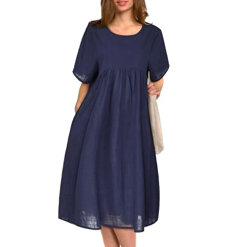 Offerta a tempo: BSBUY Vestito Estivo Casual Sciolto Donna, Abito Lungo Collo Rotondo Cotone Donna, Abito Eleganti Casual con Tasche Boho, Donna Vintage Abito Spiaggia, Colori Solidi Loose Donna Abito, Marina - 5% da 18.99 € a 17.99 €