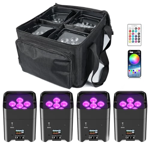 Glowingstage Lot de 4 projecteurs LED 108 W RGBWA-UV - Contrôle par application avec paquet lumineux - Batterie LED avec DMX et télécommande - Pour fête, Halloween, Noël