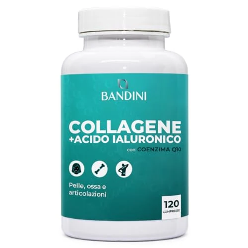 Offerta a tempo: Bandini® Collagene e Acido Ialuronico - Collagene idrolizzato, 120 compresse arricchite con Coenzima Q10-1000mg di collagene a dose con acido ialuronico e CoQ10 per pelle, ossa e Articolazioni - 5% da 13.90 € a 13.20 €