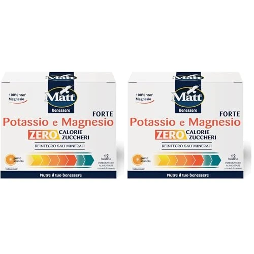 Matt, Magnesio e Potassio Forte, Integratore Alimentare Concentrato Senza Zuccheri e Senza Calorie, Utile per il Reintegro dei Sali Minerali, Riduce la Stanchezza, Gusto Arancia, Confezione 12 Bustine