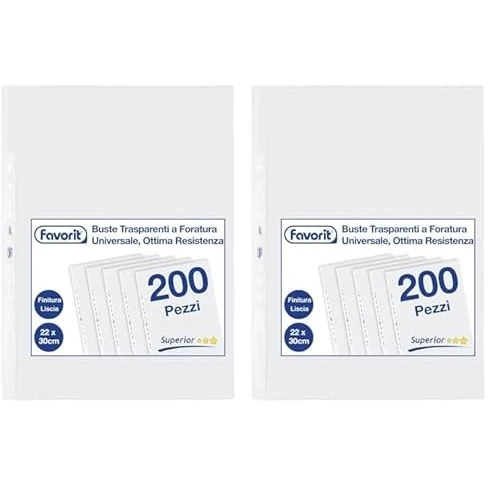 Favorit Buste Perforate Trasparenti, 22 x 30 cm, Adatte per Documenti A4, Lucide, 200 PEZZI (Confezione da 2)