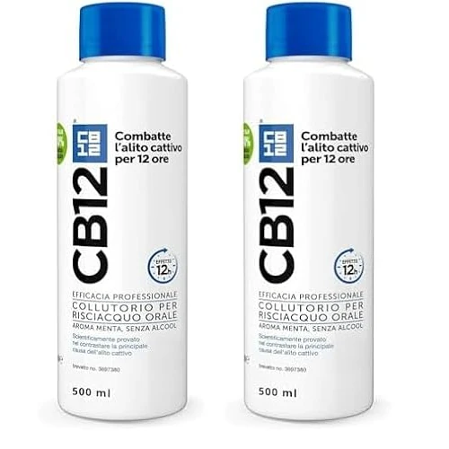 CB12 Collutorio Quotidiano, Senza Alcool, Combatte Alito Cattivo, Effetto 12 Ore, con Fluoruro, Senza Alcool, 500 ml (Confezione da 2)