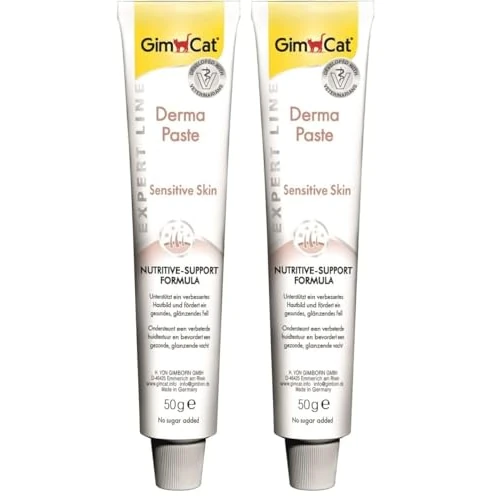 GimCat EXPERT LINE Derma Pasta, Snack per gatti funzionale che migliora l’aspetto della cute e favorisce la salute del pelo, 1 tubetto, 1 x 50 g (Confezione da 2)