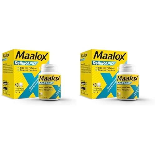 Offerta a tempo: Maalox Reflurapid Blocca il Reflusso Gastroesofageo, Riduce Bruciore e Acidità di Stomaco, anche in Gravidanza - con Bicarbonato di Sodio, Senza Glutine, Senza Lattosio (40 Compresse Gusto Menta) - 40% da 19.80 € a 11.88 €