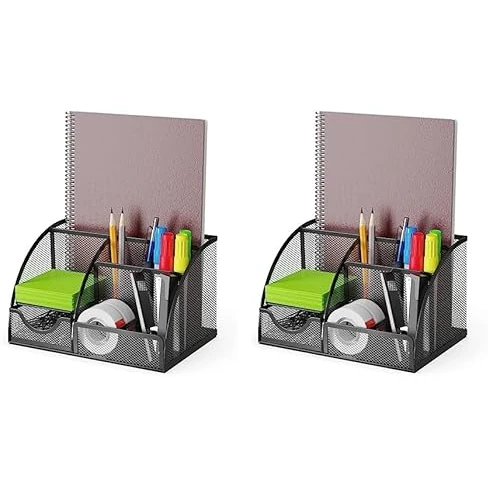 Portaoggetti da scrivania e portapenne con cassetto e 6 scomparti in rete metallica nero. Organizzatore per scrivania che risparmia spazio per penne, matite, post-it, mollette e graffatrici