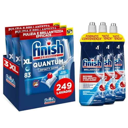 Offerta a tempo: Finish Quantum Infinity Shine Pastiglie Lavastoviglie, 249 Capsule, per una Pulizia Profonda e Stoviglie Brillanti, e 3 Confezioni di Brillantante 800ml, Additivo per Stoviglie Splendenti e Asciutte - 6% da 46.74 € a 43.99 €