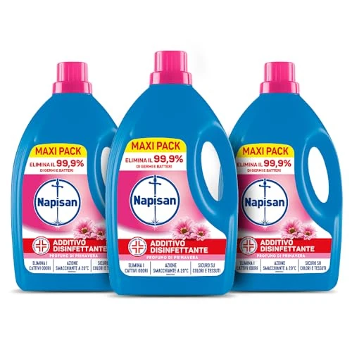 Offerta a tempo: Napisan Additivo Disinfettante Lavatrice alla fragranza Profumo di Primavera, 3 Confezioni da 2.2 Litri di Additivo Liquido per Lavatrice, Contro i Batteri e i Cattivi Odori - 33% da 29.99 € a 19.99 €