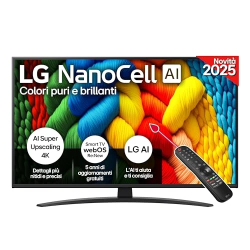 LG NanoCell AI NANO81 TV 86 pouces, Smart TV 4K, Processeur α7 Gen8, technologie NanoCell, webOS et télécommande pointeur avec AI, mode cinéma, jeu avec VRR 4K @60Hz, 86NANO81A6A 2025