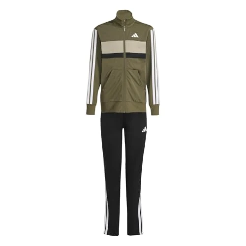 adidas Mixte enfant SEASONAL ESSENTIALS TIBERIO 3 STRIPES TRICOT TRACKSUIT, olive strata/white, 9-10 Years