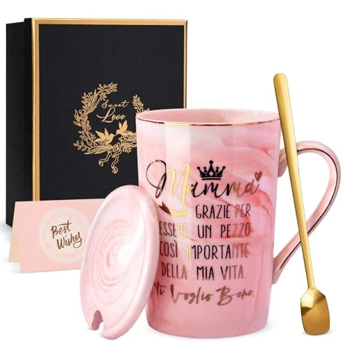 Offerta a tempo: Biching Regalo Festa Della Mamma, Regalo Mamma Compleanno da Figlia e Figlio - Tazza da Caffè in Ceramica da 400ml Originale Utile Personalizzato, Coperchio, Cucchiaio, Biglietto, Confezione Regali - 0.00% da 17.99 € a 17.99 €