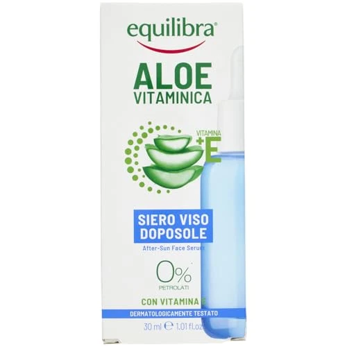 Equilibra, Serum do twarzy po opalaniu, 30 ml, z aloesem Equilibra (40%), witaminą E, olejkiem ze słodkich migdałów, serum żelowe, przetestowane dermatologicznie i odpowiednie dla skóry wrażliwej