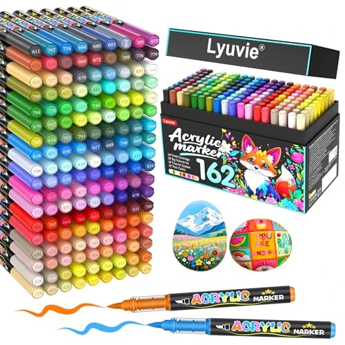 Lyuvie Set di 162 Colorati pennarelli acrilici a base d'acqua, pennarelli permanenti per pittura su roccia, pietra, legno, carta, tessuto, ciottoli, vetro, plastica