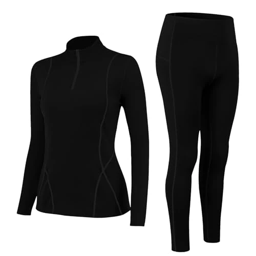 Fengzio Ropa Termica Mujer Secado RáPido Pantalon Termico Mujera con Forro Polar Interior Flexible Y Transpirable Juego De Rope Interio TéRmica De Cuello Alto Funcional Mono Ski Mujere Adecuado