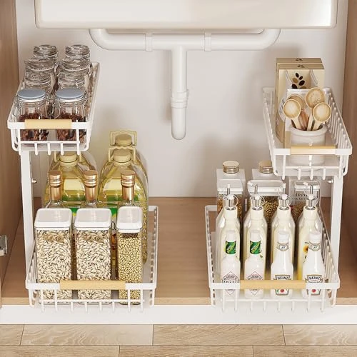 Limited offer: JOUING 2 Tier Storage Shelf, Black Metal Wall Mount with Wooden Handles, Adjustable Kitchen Organizer (White, 2 Pack) from 48.99 EUR to 39.19 EUR (save 20%)