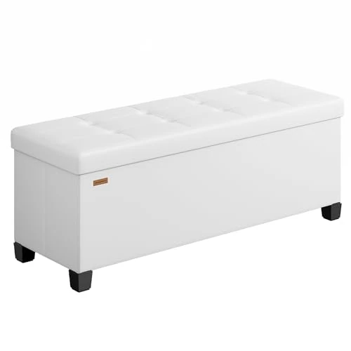 SONGMICS Pouf Contenitore, Cassapanca con Gambe, 38 x 110 x 40 cm, Sgabello Poggiapiedi, 112 L, Rivestimento PVC, per Camera da Letto Soggiorno, Bianco Nuvola LSF0514W02