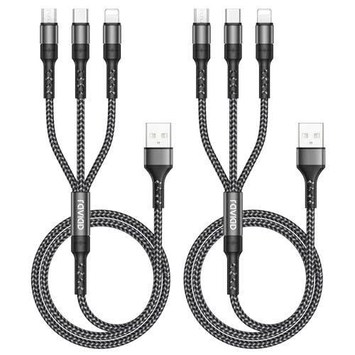 RAVIAD Multi Cavo di Ricarica, 3 in 1 Multiplo Cavetto [2Pezzi, 2M] Micro USB Tipo C Lightning Nylon Intrecciato Cavo di Ricarica USB per Samsung S24/S23/S22, iPhone, P30/P20, Xiaomi