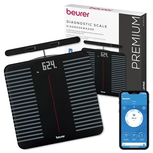 Beurer BF 990 Balance de graisse corporelle avec capteurs manuels, pèse-personne numérique avec connexion App, 25 mesures avec graisse corporelle & masse musculaire, 8 électrodes, 180 kg