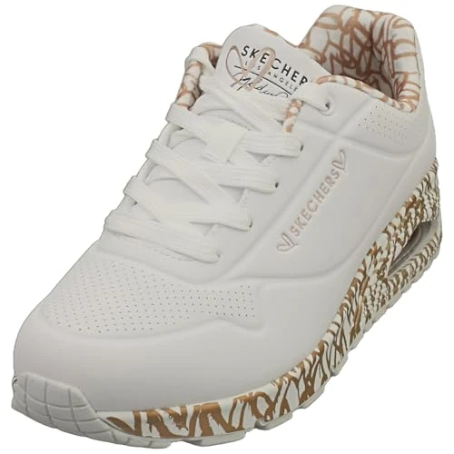 Skechers Women's Uno Loving Love Sneaker, White Durabuck/Rose Gold Print Trim, 2.5 UK