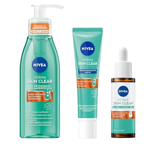 Offerta a tempo: NIVEA Derma Skin Clear Skincare Kit Anti-Imperfezioni con Gel Detergente Viso 150 ml, Peeling Notte Esfoliante 40 ml e Siero Viso Perfezionante & Riequilibrante 30 ml per pelli miste e grasse - 34% da 23.19 € a 15.30 €