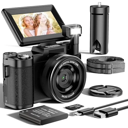 Limited-time offer: Digital Camera 64MP & 5K, 18X Zoom, 3 Inch 180° Folding Screen & Auto Focus, Compact Vlogging Camera with 32GB Memory Card & 800mAh Battery, Ideal for Beginners, Travel & Social Media from 66.31 GBP to 66.31 GBP (save 0%)