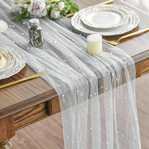 Artoid Mode Pearl White Gauze Table Runner 70x300 cm, Seasonal Sheer Cheesecloth Dining Holiday Birthday Table Decor for Home Party