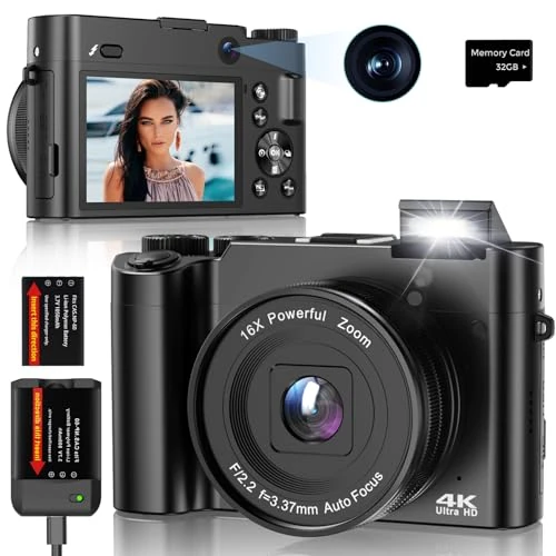 Digitale camera, 64 MP, 4 K, compacte camera met dubbele lenzen, 16 x zoom, 3 inch IPS-display, vlog-functie, webcam, 32 GB kaart, ideaal voor jongeren, volwassenen en beginners