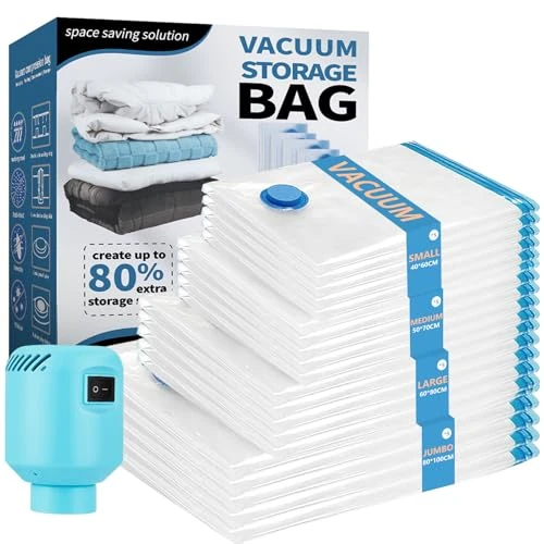 Offerta a tempo: Sacchetti Sottovuoto Vestiti 20 pezzi con Pompa Elettrica, 5XL+5L+5M+5S Riutilizzabili Vacuum Bags, Sacchi Sottovuoto Piumoni per Trapunte, Traslochi, Coperte, Piumino, Cuscini, Viaggi - 23% da 38.99 € a 29.99 €