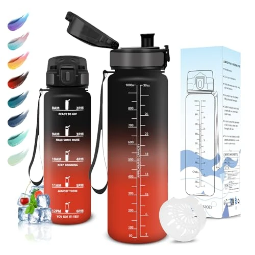 Motswedi Drinkfles, 1 Liter, BPA-Vrij, Sportfles, Lekvrij, Motiverende Waterfles Met Filter, Sportfles, Waterfles Voor School, Fitnessstudio, Kantoor, hardlopen, Yoga, Gym, Zwartrood