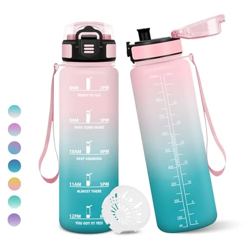 Offre limitee: Gourde, 1000ML Sans BPA, Gourde sport, Avec Horodatage, Bouteille, Conception de Verrouillage Anti-Fuite, Bouteille Plastique pour bureau, En cours d'exécution, Escalader Des Montagnes - Rose&cyan de 14.28 EUR a 12.71 EUR (economie 11%)