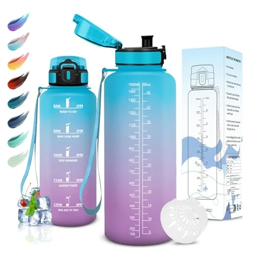 Motswedi Drinkfles, 1.5 Liter, BPA-Vrij, Sportfles, Lekvrij, Motiverende Waterfles Met Filter, Sportfles, Waterfles Voor School, Fitnessstudio, Kantoor, hardlopen, Yoga, Gym, Blauwpaars