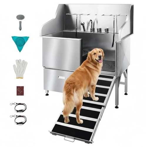 Zeitlich begrenztes Angebot: VEVOR Hundewaschstation aus Edelstahl, 1550x790x1470 mm Hundepflegewanne mit Rampe, Wasserfilterplatte, Wasserhahn, Duschkopf, Leine, für große, mittelgroße & kleine Haustiere (rechte Tür) von 1476.90 € auf 955.00 € (35% Rabat