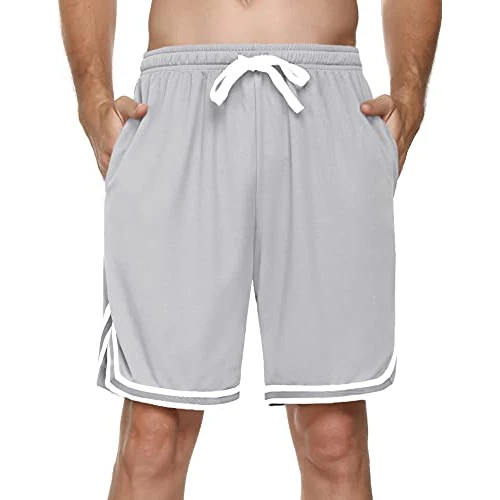 Litherday Men's Cotton Sports Shorts with Pockets and Drawstring Shorts Striped Quick Dry Lightweight Breathable Basketball Fitness Football, A Light Grey, 3XL