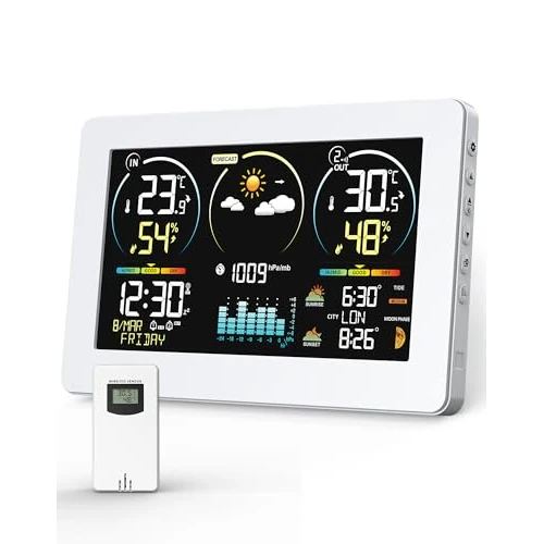 Bezprzewodowa Stacja Pogodowa VOKSUN z Czujnikiem Zewnętrznym i Kolorowym Wyświetlaczem | Prognoza Pogody, Termometr (wewn./zewn.), Higrometr, Zasilanie Podwójne (Bateryjne/Sieciowe)
