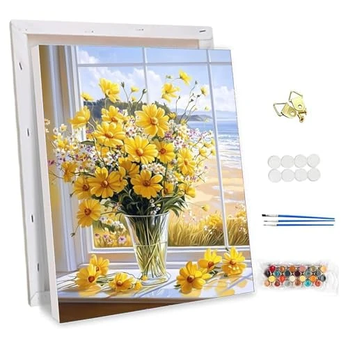 NEWENMO Mooie gele bloemen, schilderen op nummer, voor volwassenen, met lijst, landschapsverf op nummers, eenvoudig handgeschilderd, olieverfschilderijset, doe-het-zelf schilderen op nummer, canvas
