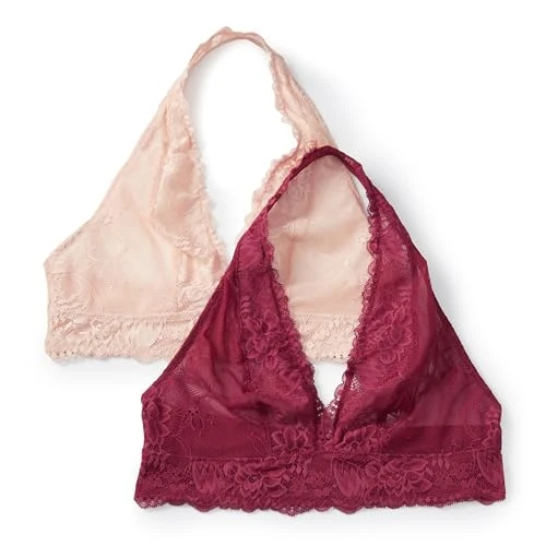 Limited-time offer: Amazon Essentials Women's Stretch Galloon Lace Halter Bralette, Pack of 2, Burgundy/Soft Petal, S from 15.91 £ to 15.91 £ (save 0.00%)